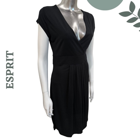 🛍️3/$40 Esprit Black Deep V Midi Dress Short Sleeve Stretch Lightweight Medium - Picture 3 of 8